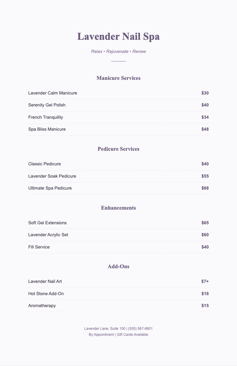Lavender spa nail price list